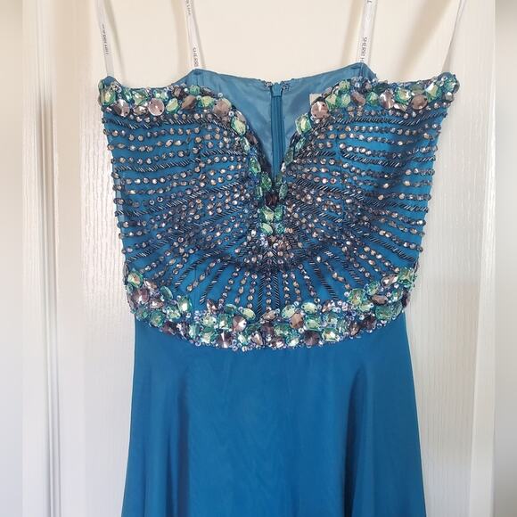Sherri Hill Aqua Blue Glam Beaded Maxi Prom Formal Ball Gown Dress, Size 2 - Picture 2 of 7